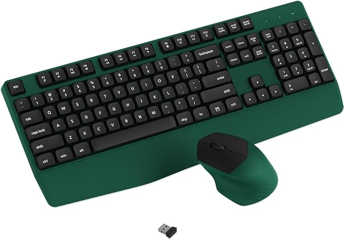 Wireless Keyboard and Mouse Combo, Ergonomic Keyboard with Wrist Rest and Mouse, 2.4Ghz Wireless Connection, Compatible with PC/Laptop/Windows/Mac for Home and Office Use (Black Green)