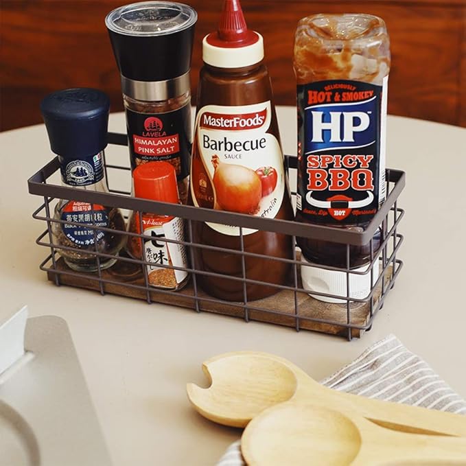 TIEYIPIN Small Metal Wire Storage Basket, Detachable Wood Base Storage Organizer Bin Basket for Kitchen Cabinets, Bathroom, Pantry, Garage, Laundry Room - Brown (2 Pack)