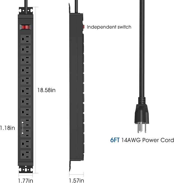 HHSOET 2 Pack Rotating Mountable Power Strip, 12 Outlet Wall Mount Surge Protector, Metal Heavy Duty and Versatile Outlet Strip, Stylish Appearance, Sturdy and Durable, 6ft Power Cord.(Black)