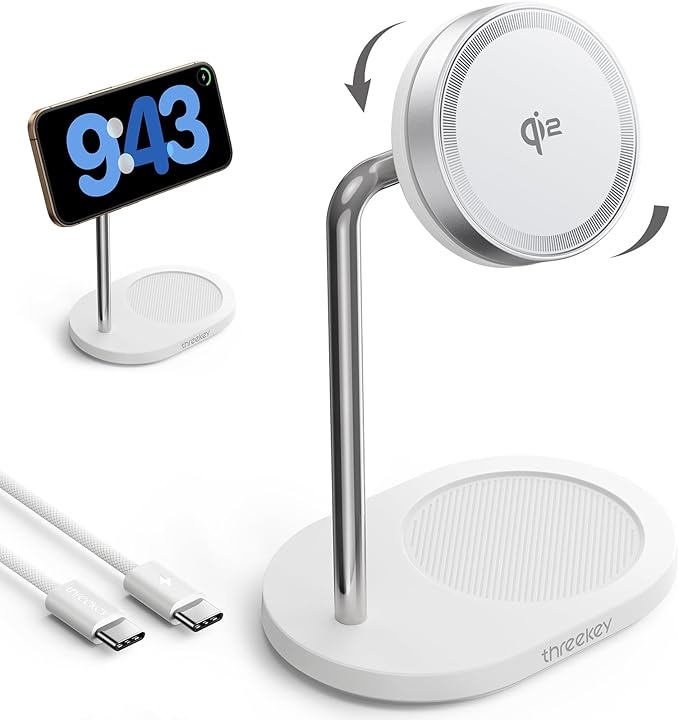 THREEKEY Charging Station, for MagSafe Charger with 180° Rotation, Qi2 15W Fast Charging Pad with Dual-Sided Magnets, Magnetic Wireless Charger Stand for iPhone 16-12 Series/Airpods (TZH103 White)
