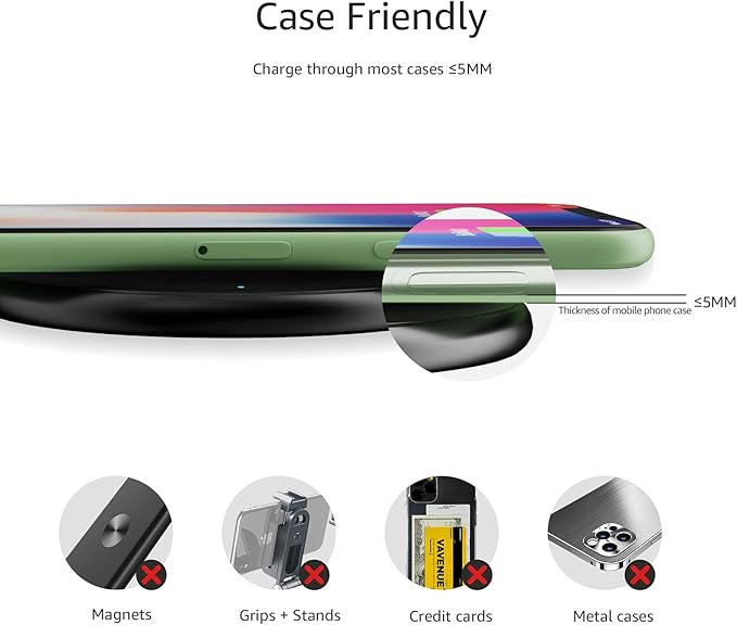 Amazon Basics 15W Qi Certified Wireless Charging Pad for iPhone 16/15/14/13/12/11/X, Samsung and More, with USB Cable, Black