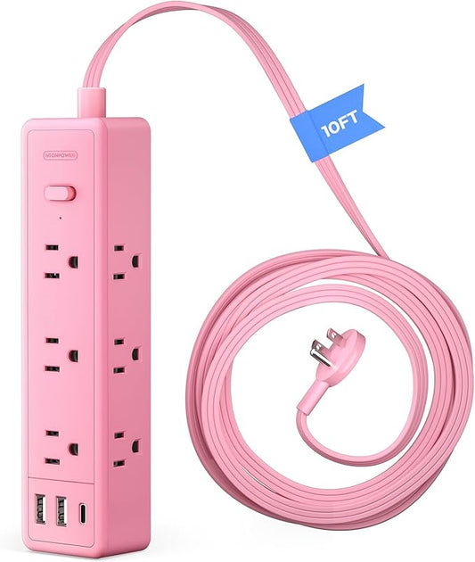 Pink Power Strip, NTONPOWER Surge Protector Power Strip 9 Outlets 3 USB Ports(1 USB C), Flat Extension Cord 10FT Wall Mount, 1080J, Multiple Outlets for for Home Office, Vanity Desk, Nightstand,Women