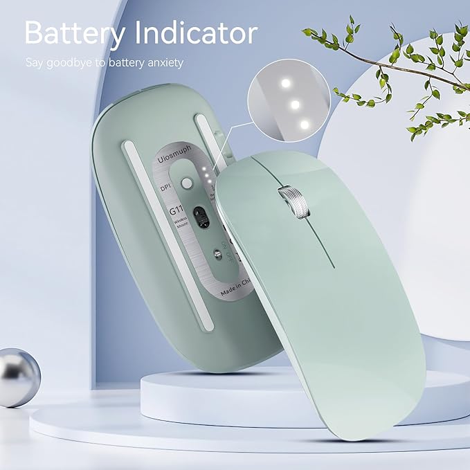 Uiosmuph G11 Wireless Mouse, USB C Rechargeable Computer Mouse, Slim Silent Mice 2.4GHz Optical with USB Nano Receiver and Type C Receiver for Laptop/Mac/PC - Green