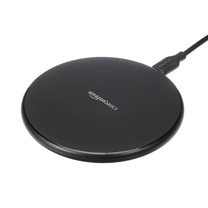 Amazon Basics 15W Qi Certified Wireless Charging Pad for iPhone 16/15/14/13/12/11/X, Samsung and More, with USB Cable, Black