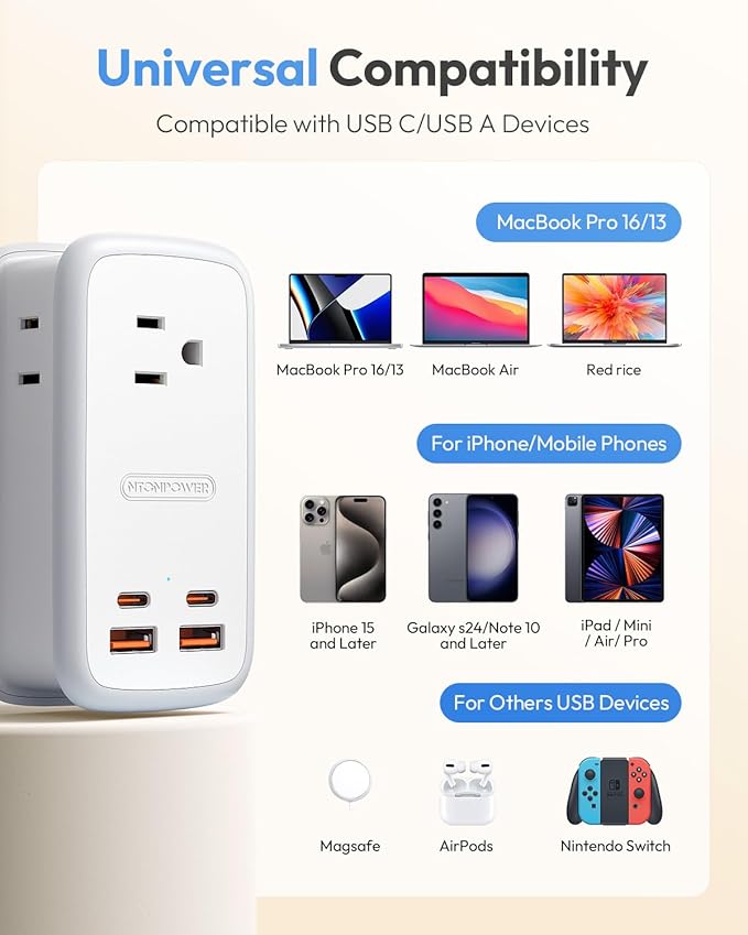 NTONPOWER GAN Ultra 65W USB Charging Station, 7 in 1 Travel Power Strip with 3 Outlets 4 USB (2 USB C), Extension Cord 4ft, Travel Essentials, Cruise Power Strip Compatible with MacBook, iPhone, White