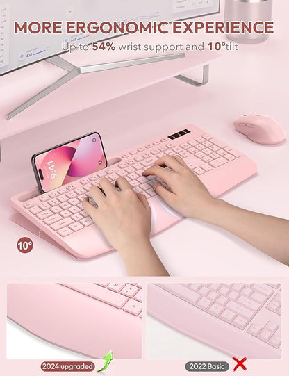 SABLUTE Wireless Keyboard and Mouse, Wrist Rest, Phone Holder, Batteries Included, 2.4G Lag-Free Ergonomic Keyboards Mouse Combo, Silent Keyboard Cordless Set for Computer, Laptop, PC, Windows, Pink
