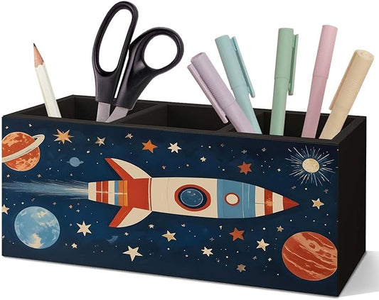 SNNDER Outer Space Pen Holder for Desk, Cosmic Rocket Planet Celestial Wooden Box Sign Desk Decor for Kids Room Home Classroom Decoration, Blue Galaxy Pencil Organizer, Space Decor for Boys Room