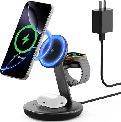 2025 Apple 5W Fast iWatch Charging,3 in 1 Charging Station for Apple Devices,Mag-Safe Charger Stand,Wireless Charger for iPhone 17/16/15/14/13/12 Series,& AirPods（Black）