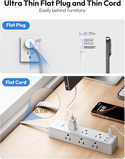 Flat Extension Cord 15 FT, Surge Protector Power Strip with 9 Widely Outlets and 3 USB (1 USB-C), Extension Cord with Multiple Outlets, 1080 Joule, Wall Mount, for Home Office, Dorm,White