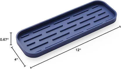 Silicone Kitchen Sink Organizer Tray for Multiple Usage,Eco-Friendly Sponges Holder for Kitchen Bathroom Counter or Sink,Dish Soap Dispenser,Scrubber,Bottle,Cup (Navy Blue, 12"×4")