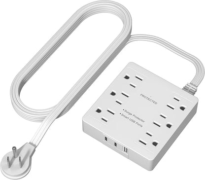 LIDER Outlet Extender with 6 Receptacles, USB-A and 2 USB-C, Ultra-Thin Flat-Plug with Cord Extender, 6-Outlet Power Strip, Slim Angled Design, Surge Protector, 1500 Joules, 5ft Cord, UL-Listed, White