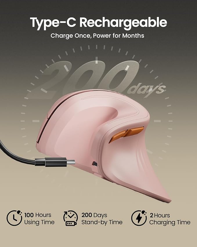ProtoArc Ergonomic Vertical Mouse, EM11 NL Rechargeable Wireless Mouse Bluetooth, Ergo Mice with 3 Multi-Device for PC/Notebook/Laptop, 2.4GHz Optical Mice for Windows, Mac OS, Pink