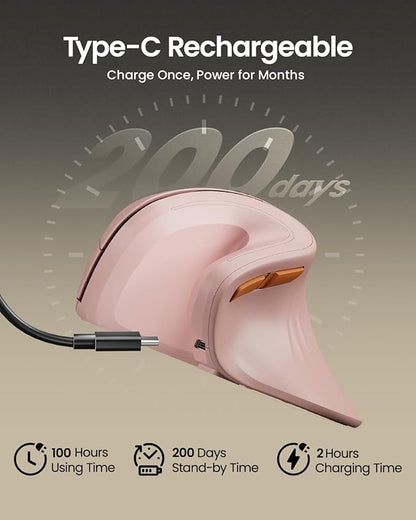 ProtoArc Ergonomic Vertical Mouse, EM11 NL Rechargeable Wireless Mouse Bluetooth, Ergo Mice with 3 Multi-Device for PC/Notebook/Laptop, 2.4GHz Optical Mice for Windows, Mac OS, Pink