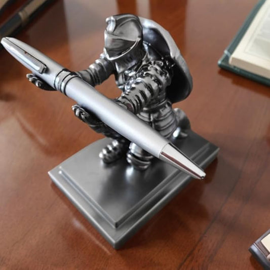 King's Guard Knight Pen Holder And Rollerball Pens, Medieval Warrior Desk Stand, Decorative Office Accessory, Silver，knight pen holder ，desk decor for men，cool desk accessories，men pen