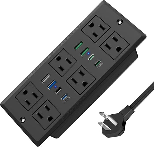 Recessed Power Strip with 45W USB C, Furniture Desk Flush Mount Outlet, Ultra Thin Flat Plug Power Strip, 6 Outlets & 8 USB Ports, 10FT Cord (Black)