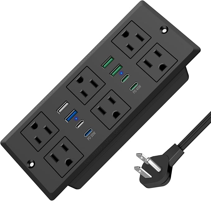 45W Recessed Power Strip, Flush Mounted Surge Protector(1200J) with 6 AC Outlets & 8 USB Ports(4 USB-C), 45°Flat Plug, 6FT Flat Power Cord(Black)
