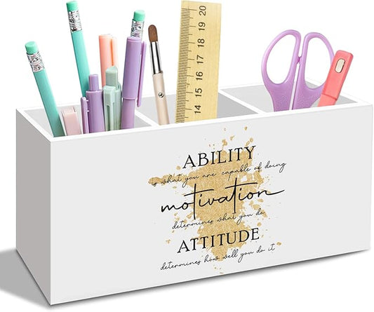 Gold Office Inspirational Pen Pencil Holder for Desk, Ability Motivation Attitude Office Desk Accessories, Motivational Pen Holders Organizer for Home Classroom Bathroom