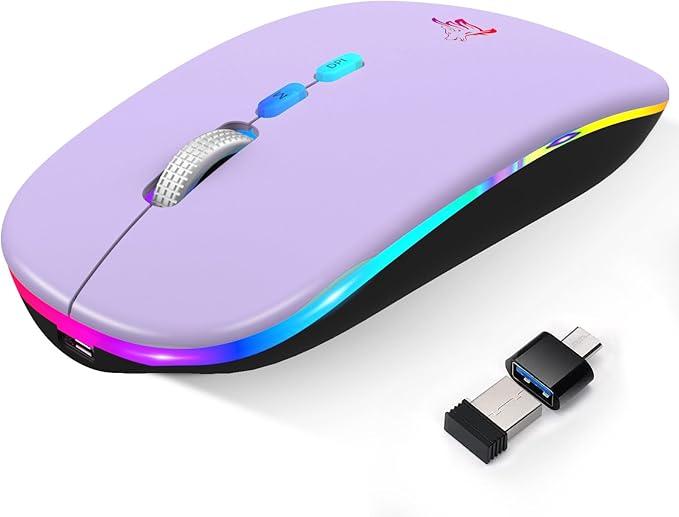 HOTLIFE Wireless Bluetooth Mouse, Slim Rechargeable LED Mouse, 2.4G Portable USB Optical Mouse with USB Receiver and Type C Adapter, Light Purple