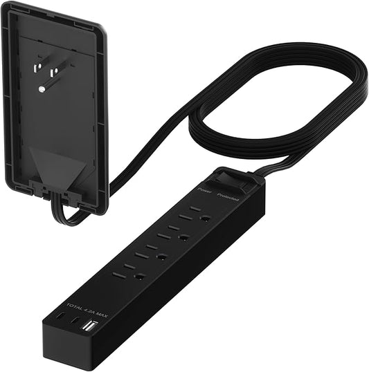 LIDER Surge Protected Outlet Extender, 4-Outlet Power Strip, 21W USB Type-A, and 2 USB Type-C Port, Ultra-Thin Wall Plate Plug with Cord Extender, Flat-Face, 5ft Cord, 1500 Joules, ETL-Listed, Black