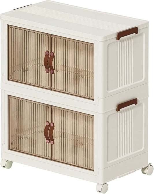 35 QT Large Plastic Storage Bins with Lids Open Front, Stackable Storage Containers with Wheels for Clothes, Home, Room, White, 2 Tiers