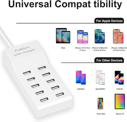 10-Port USB Charger Station, Smart Multiple Charging Block/USB Power Strip for Multiple Devices,Mobile Phones and iPads,Smart Watches Tablets (White)