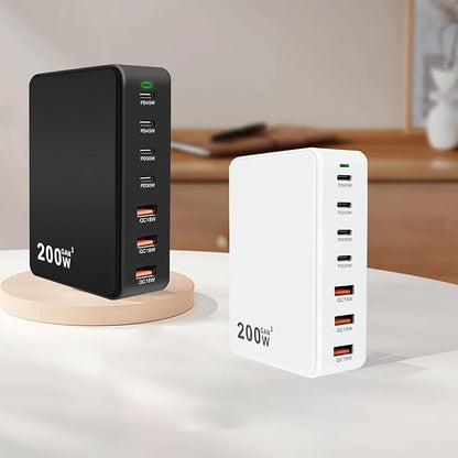 USB C Charger 200W USB C Charger Block, Upgraded GaN 7-Port Fast Charging Station Hub,PD 45W Laptop Charger Adapter, Compatible with MacBookAir/Pro, DELL, iPhone16/15, iPad, Steam (White)