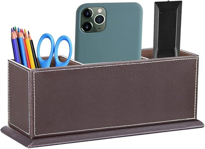 PUSU Desk Pencil Holder, PU Leather Pen Holder for Desk, Executive Desk Organizers and Accessories, Multifunctional Desk Organizer with 4 Compartments Storage Business Card/Pen/Pencil/Phone/Stationery
