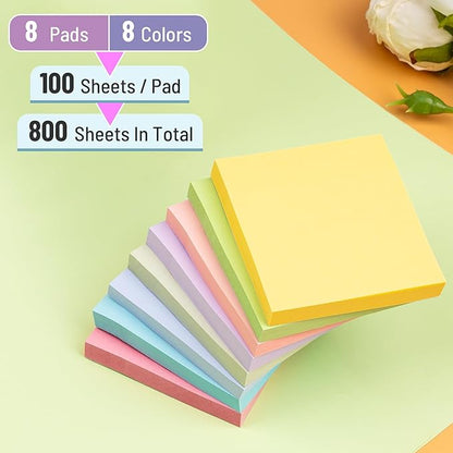 Sticky Notes 3x3 Inches, 8 Pads, 800 Sheets, 8 Color Sticky Note Pads, Premium Sticky Pads, Sticky Notes Bulk, Self-Stick Note Pads, 100 Sheets/pad
