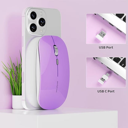 Uciefy Q5 Slim Rechargeable Wireless Mouse, 2.4G Portable Optical Silent Ultra Thin Wireless Computer Mouse with USB Receiver and Type C Adapter, Compatible with PC, Laptop, Desktop (Purple)