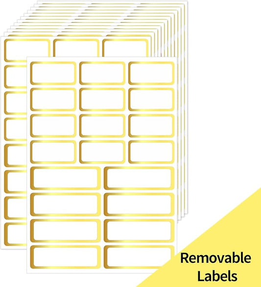 Gold Labels Stickers, Removable Blank Labels Gold Border, Self-Adhesive Rectangular Stickers Water/Oil/Tear Resistant for Storage, Classroom, Home (2 Size, 300 Sheet)