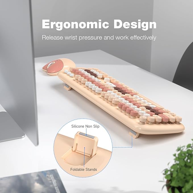 MOFII Wireless Keyboard and Mouse Combo, 2.4G Full-Size Retro Typewriter Computer Keyboard and 3 Level Adjustable Wireless Mouse for Windows, Mac OS Desktop/Laptop/PC-Milk Tea Colorful