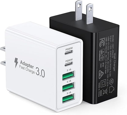 [2-Pack] USB C Wall Charger, 60W USB C Charger Block 5-Port PD Fast Charging Blocks + QC Power Adapter Brick Cube Multiport USB A Plug,Type C Cube for iPhone 17/16/15/14/13/12/Pro,Samsung,for Switch