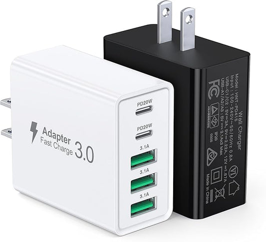 [2-Pack] USB C Wall Charger, 60W USB C Charger Block 5-Port PD Fast Charging Blocks + QC Power Adapter Brick Cube Multiport USB A Plug,Type C Cube for iPhone 17/16/15/14/13/12/Pro,Samsung,for Switch