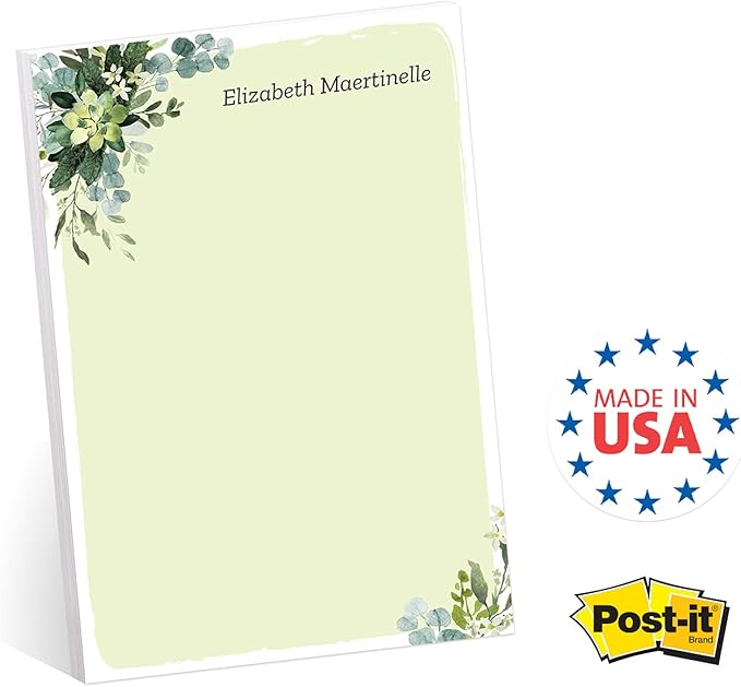 Modern Greenery Personalized Sticky Note Pads / 4" x 6" Repositionable Sticky Note Set/Set of 3 Illustrated Custom Botanical Pads