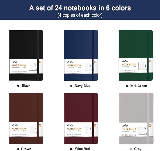 ViVin Lined Journal Notebooks for Work,192 Pages,5.5 x 8.3 inch,College Ruled,A5 Hardcover Journaling Notebooks for Writing,24 Pack Bulk