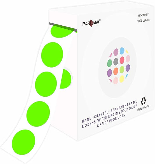 PARLAIM 1000pcs 1/2 Inch Fluorescent Green Round Color Codding Labels on a Roll, Permanent Circle Dot Stickers in Plastic Dispenser Box, 0.5 inch Diameter for Home Classroom Color Code