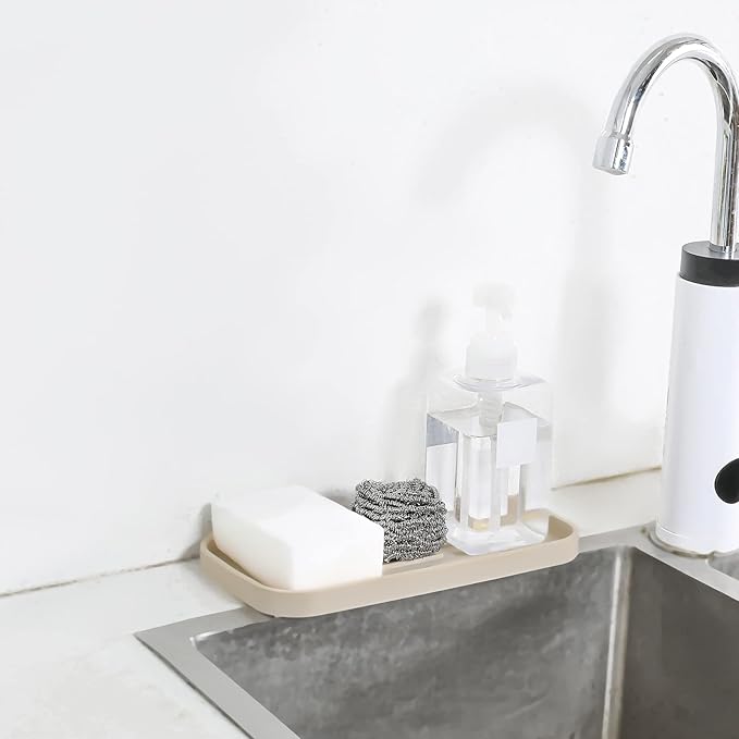 Silicone Kitchen Sink Organizer Tray for Multiple Usage,Eco-Friendly Sponges Holder for Kitchen Bathroom Counter or Sink,Dish Soap Dispenser,Scrubber,Bottle,Cup (Tapioca, 10"×5.3")