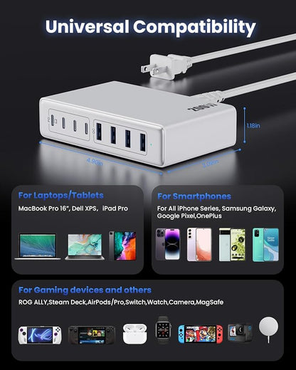 200W USB C Charger Block,GaN IV Charging Station 8 Ports,QC4.0 Fast Charging Station Hub+PD 65W USB C Laptop Charger Adapter Compatible with MacBook Air/Pro,DELL,iPhone 17/16/15,iPad,Steam Deck-White