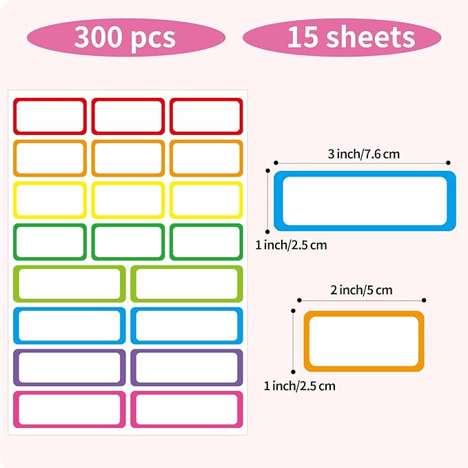 STARLIBOO Colored Labels, Removable Labels Stickers, Self-Adhesive Rectangular Stickers Water/Oil/Tear Resistant for Storage/Classroom/Home (2 Size, 300 Labels)