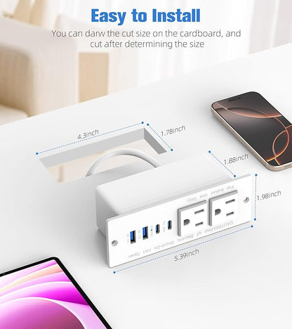 65W Furniture Drawer Outlet, Recessed Outlet with 4 USB Ports & 2 AC Outlets, Recessed Power Strip for Home, Office, 14 AWG-6FT Spring Cord(White)