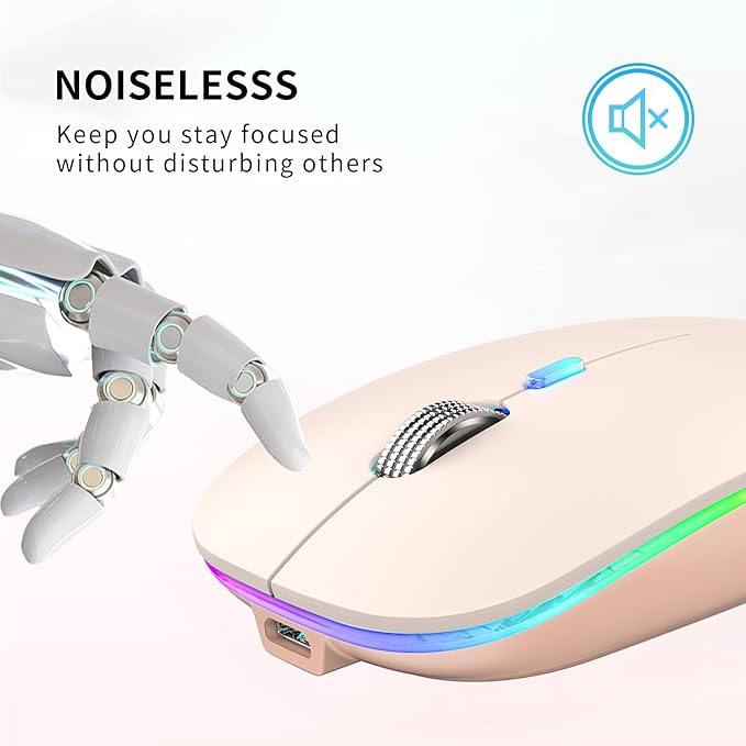 TENMOS Wireless Bluetooth Mouse, LED Slim (Bluetooth 5.1 + USB) 2.4GHz Rechargeable Silent Bluetooth Wireless Mouse with Type C Adapter for Laptop/MacBook/iPad OS 13 and Above - Light Pink