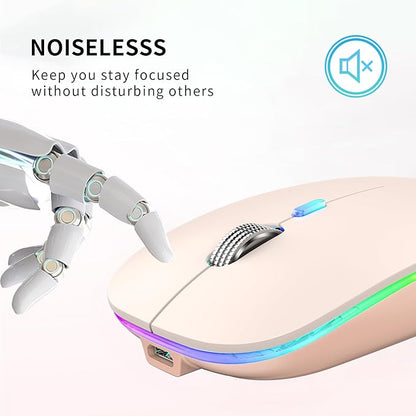 TENMOS Wireless Bluetooth Mouse, LED Slim (Bluetooth 5.1 + USB) 2.4GHz Rechargeable Silent Bluetooth Wireless Mouse with Type C Adapter for Laptop/MacBook/iPad OS 13 and Above - Light Pink