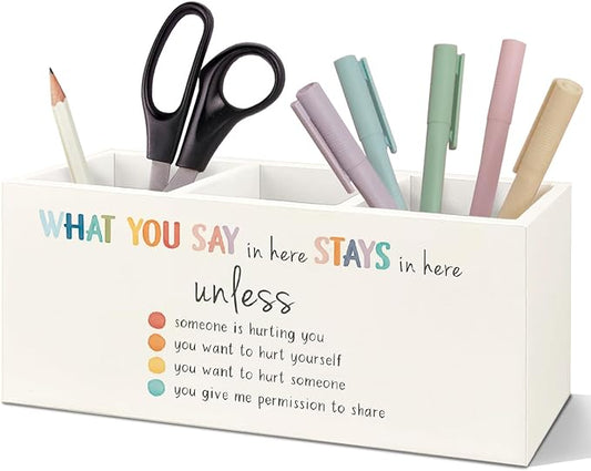 SNNDER Mental Health Office Pen Holder, What You Say in Here Stay in Here Wooden Pen Pencil Holder for Therapist Counseling Office