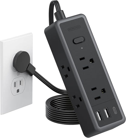 NTONPOWER Extension Cord 5 ft, Flat Plug Power Strip Surge Protector 1080 Joules with 6 Widely Outlets 3 USB (1 USB C), Flat Extension Cord for Home Office Dorm Room Essentials