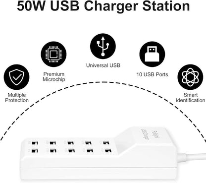 2 Pack 10-Ports USB Charger Station, Power Strips with Surge Protection，Smart USB Charger for Multiple Devices,Smart Watches ，Smart Phones， Tablets for Home,Office,Travel(USB-A Port)