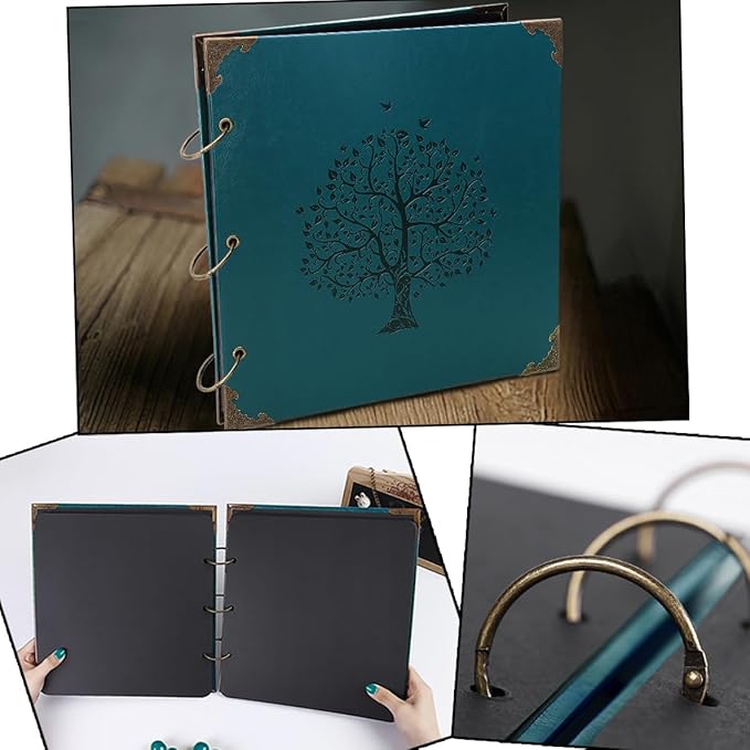 Photo Album DIY Scrapbook - 12x12 inch 50 Pages Vintage Leather Cover Three-Ring Binder Family Picture Booth Albums with 408pcs Self Adhesive Photos Corners for Memory Keep, Tree (Jasper Green)