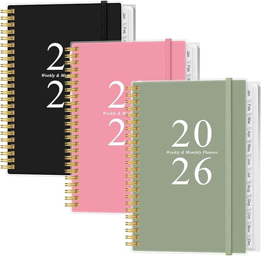 (3-Pack) 2026 Planner - A5 Weekly & Monthly Planners Spiral Bound, January 2026 - December 2026, 2026 Planner with Flexible Cover, Tabs, Inner Pocket, 6.4" x 8.5", Pink