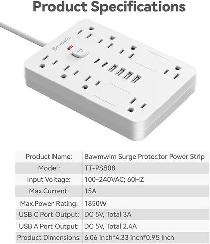 Surge Protector Power Strip - 8 Outlets(1850W/15A) with 6 USB Ports（2 USB C, 6FT Flat Plug Extension Cord, Wall Mount Multi Plug Outlet Extender, ETL Listed for Home, Dorm Room, White