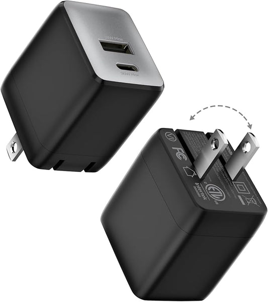 USB C Fast Charging Charger, 30W Dual-Port GaN Nano Charger with Foldable Plug for iPhone 16/15 Series, iPad, Galaxy S24 Ultra and More Series, (Black, 2 Pack)