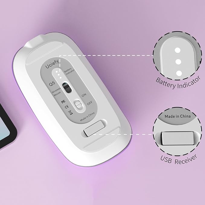 Uciefy Q5 Slim Rechargeable Wireless Mouse, 2.4G Portable Optical Silent Ultra Thin Wireless Computer Mouse with USB Receiver and Type C Adapter, Compatible with PC, Laptop, Desktop (Purple)